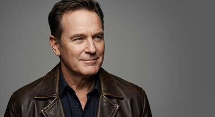 Obraz premium Confident Mature Man in Leather Jacket Smiling Against Grey Background, Portrait Photograph for Professional Use