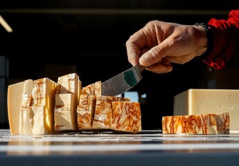 Obraz premium Hand Slicing Artisan Cheese with Knife in Bright Natural Light