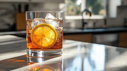 Refreshing Homemade Lemon Soda Kitchen Counter Professional Photo Bright Environment Close-Up View
