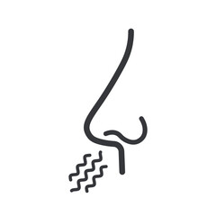 Isolated outline pictogram of inhail air on nose, smell sense body part