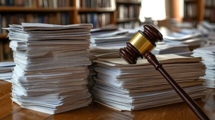 Gavel on Stacks of Legal Documents in a Library Setting