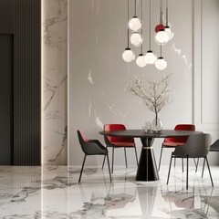 Modern dining room with a round table and six chairs. marble walls. and a chandelier with six globe-shaped light bulbs