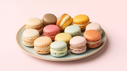 Obraz premium A colorful plate of assorted macarons in different pastel shades, on a solid light pink background,