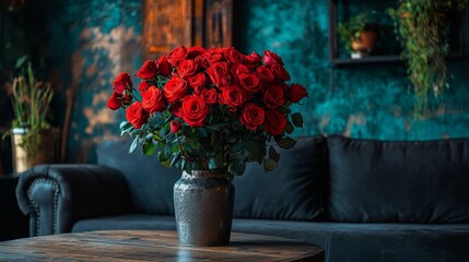 A lavish bouquet of long-stemmed red roses showcased in a tall silver vase, accentuated by dramatic lighting