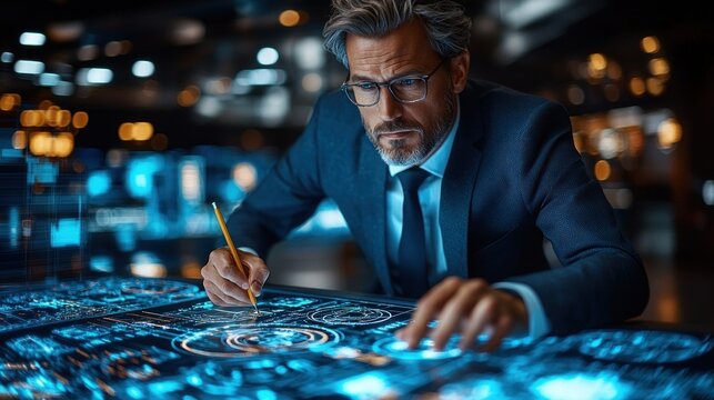 Senior executive analyzing intricate futuristic digital data display