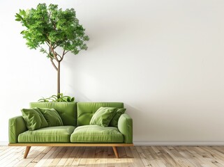 A green sofa with pillows sits in front of a white wall with a small tree in the corner