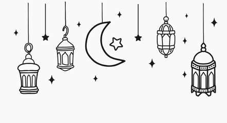 Ramadan Hanging Lantern Sketch. Minimalist Hand-Drawn Line Art for Islamic Greeting Cards, Social Media, and Decorative Designs