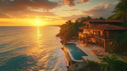 Fototapeta premium Luxury Oceanfront Villa at Sunset
