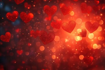 Abstract Love Background with Red Hearts and Golden Light for Valentines Day and Women's Day Celebration