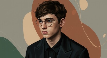 Fototapeta premium Stylish Artistic Portrait Illustration of a Young Man with Glasses on Abstract Background, Perfect for Modern Design and Creative Projects