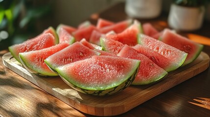 Slices of juicy red watermelon arranged on a wooden board, bathed in sunlight.
