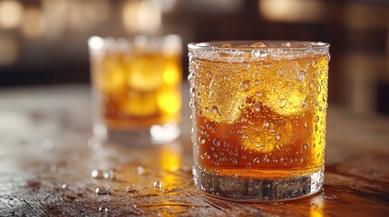 Two glasses of iced fizzy drink on wooden table.