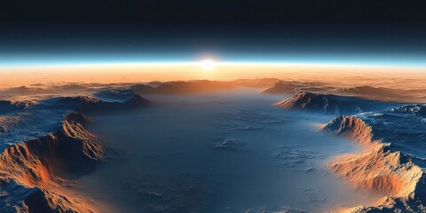 Fototapeta premium Hyper-realistic panoramic view of Martian landscape with dramatic lighting and rugged terrain at dawn