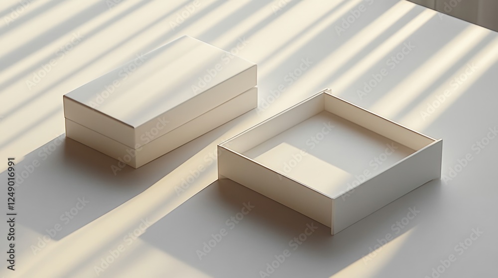 Poster Minimalist open and closed white box mockup on smooth surface with natural lighting for design presentation