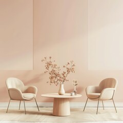 Two beige chairs facing each other around a round wooden coffee table in a minimalist living room with a pale pink wall