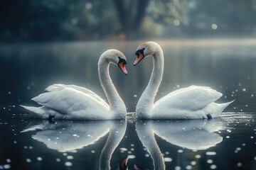 two lovestruck swans gracefully glide on a serene lake their elegant necks entwined captured in a graphical style that highlights their romantic connection