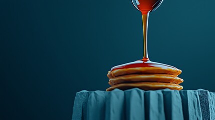 Stack of pancakes drizzled with syrup on a textured surface against a dark background