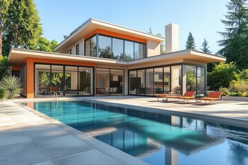 Fototapeta premium Modern luxury house exterior with pool and backyard on sunny day under blue sky