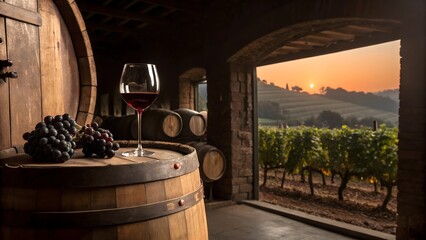 Glass of Wine and Grapes in a Winery with Warm Sunset Light – Mendoza, Argentina