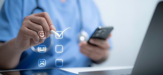 Patient feedback evaluation visualized through smart healthcare technology. Professional tools for satisfaction surveys and diagnostics. Suitable for medical, healthcare and feedback-related concepts