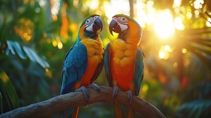 Two macaws perched on a branch at sunset.