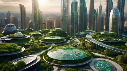 A futuristic city with green rooftops and solar roads, showcasing an innovative and sustainable concept of urban living.