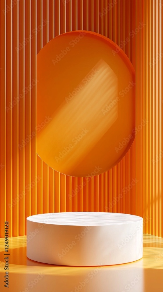 Poster a striking setup showcases an orange cylindrical podium against a vivid backdrop, creating a bold st