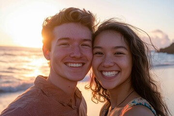 Young diverse biracial couple taking a selfie at the beach and having fun outside.