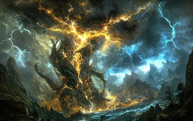 Obraz premium A glowing thunderstorm over a large lake, with fierce winds creating high waves and multiple lightning bolts illuminating the water. The dark, stormy atmosphere dominates the scene 