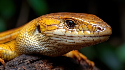 Fototapeta premium Close-up of a golden lizard on a log in a forest