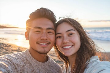 Young diverse biracial couple taking a selfie at the beach and having fun outside.