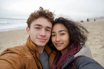 Young diverse biracial couple taking a selfie at the beach and having fun outside.