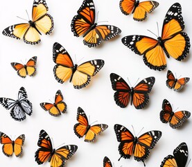Obraz premium Colorful monarch butterflies in various sizes on white background