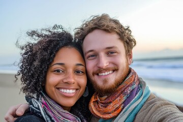 Young diverse biracial couple taking a selfie at the beach and having fun outside.