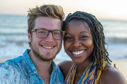 Young diverse biracial couple taking a selfie at the beach and having fun outside. - Powered by Adobe
