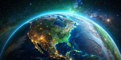 Obraz premium Earth at Night from Space: Stunning Blue Planet Amidst Stars