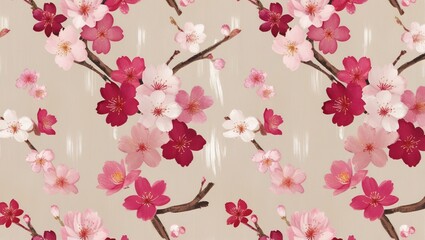 Naklejka premium Seamless Sakura Floral Pattern on Light Beige Background 