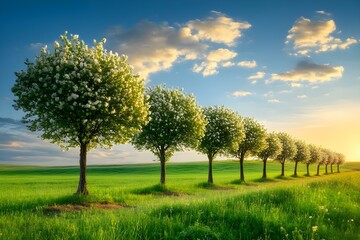 A row of flowering trees lined up along a green field under a blue sky with fluffy clouds during sunset. Concept Flowering Trees, Green Field, Sunset Photography, Blue Sky, Fluffy Clouds