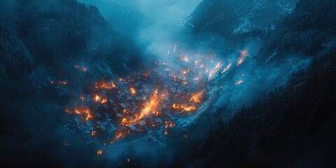 Obraz premium A glowing wildfire approaching a small village at night, with flames lighting up the sky and thick smoke rising. Emergency crews and villagers are seen evacuating the area 