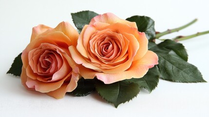Two peach roses on white background.