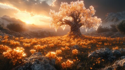 Naklejka premium Sunset over snowy mountains, ancient tree in golden field