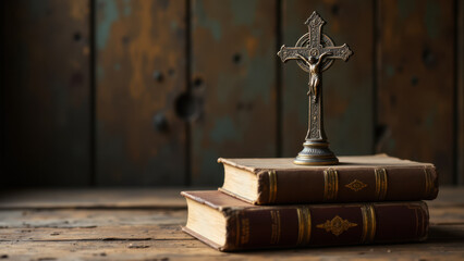 A cross stands atop a stack of old books, symbolizing faith and knowledge.