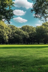 Obraz premium Panoramic Summer Park Lush Green Grass, Vibrant Trees, and a Bright Blue Sky with Clouds