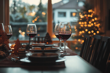 Christmas table setting with red wine