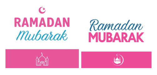 Ramadan Mubarak typography, pink and teal color scheme, minimalist mosque silhouette, crescent moon.