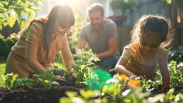 A young girl and her parents enjoy gardening together in their backyard, surrounded by lush green plants and warm sunlight. The image captures a moment of family bonding, connection with nature