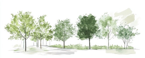 Lush Green Trees in a Serene Landscape with Soft Watercolor Style