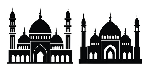 Islamic architecture, mosque silhouettes, domes and minarets, black and white illustration.