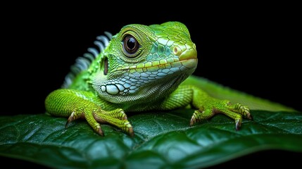 Obraz premium Close-up of a vibrant green lizard on a leaf against a dark background