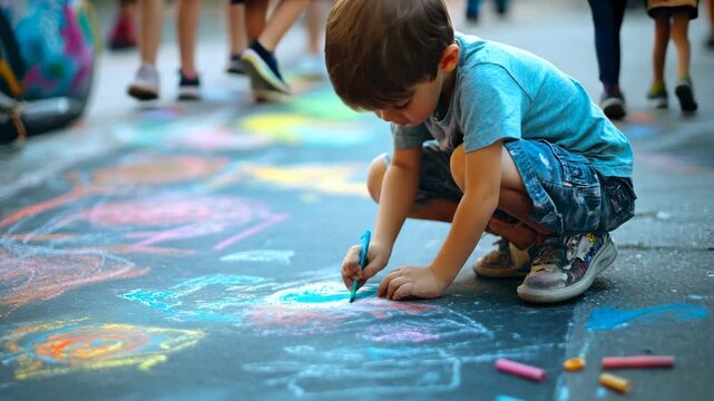 A young boy kneels on the pavement, deeply focused on drawing with chalk in a lively urban setting. His colorful artwork and paint-stained clothes reflect his creativity, while the blurred background 